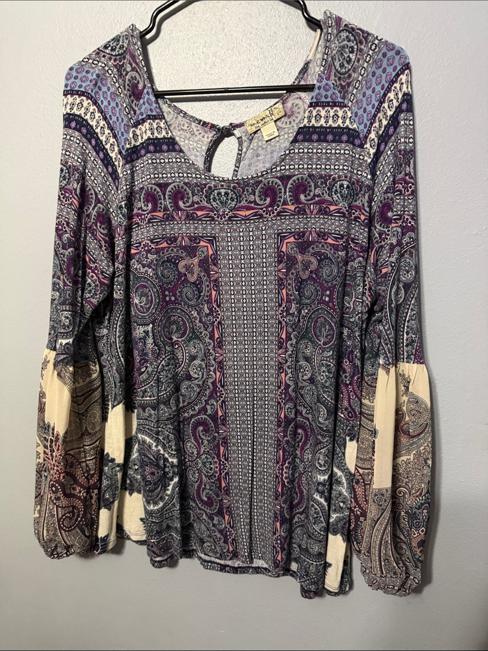 ONE WORLD Paisley Print Peasant Tunic - Purple & Cream